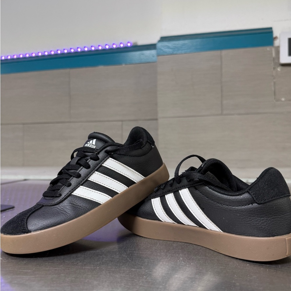 Adidas Black and White Sneakers with Tan Sole